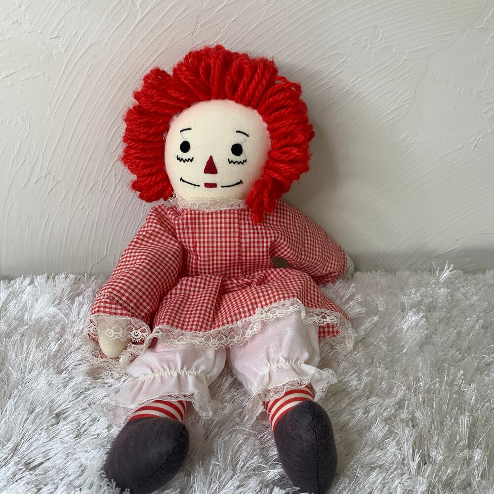 Handmade Raggedy Ann Doll Red Gingham Dress Lace and Bloomers 15" long